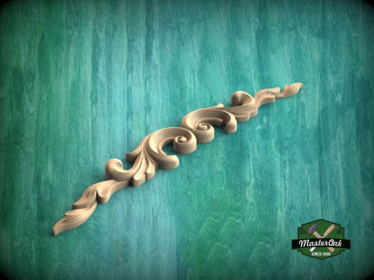 A decorative wooden carving with a scroll-like design is displayed against a green textured background.