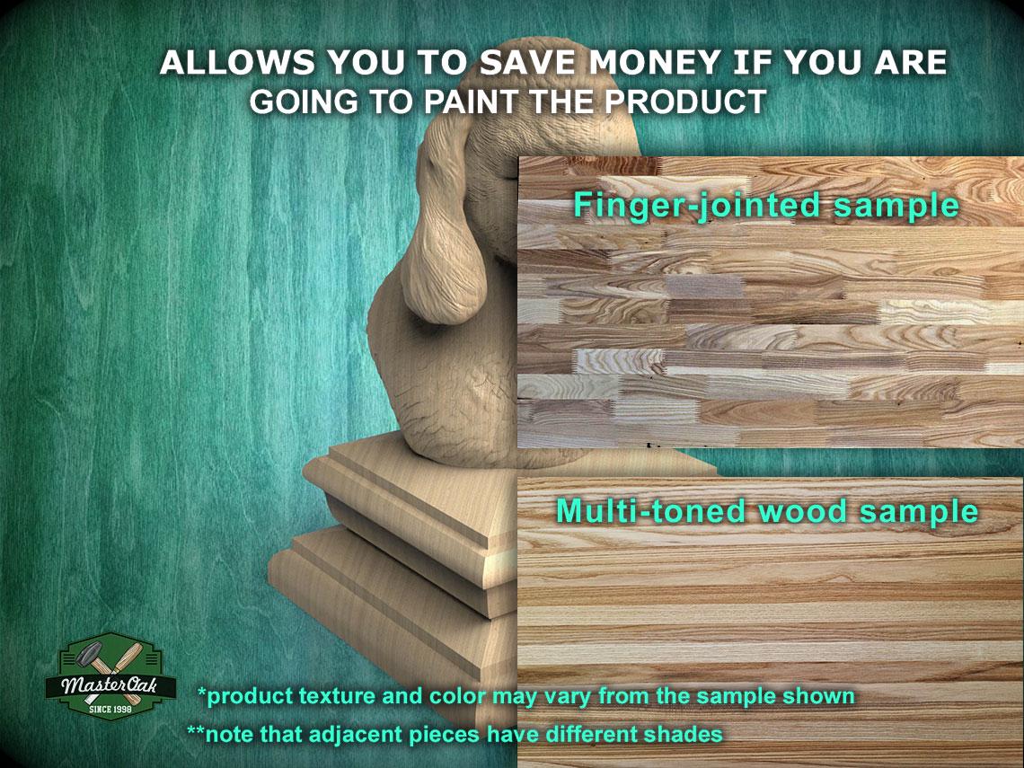 The image is an advertisement for a product, specifically a multi-toned wood sample. It features a wooden sculpture and a wooden sample, both with different textures and colors, to demonstrate the product's versatility. The text in the image provides information about the product, such as the sample being finger-joined and the multi-toned wood sample. The ad also mentions that the product texture and color may vary from the sample shown and that adjacent pieces have different shades.