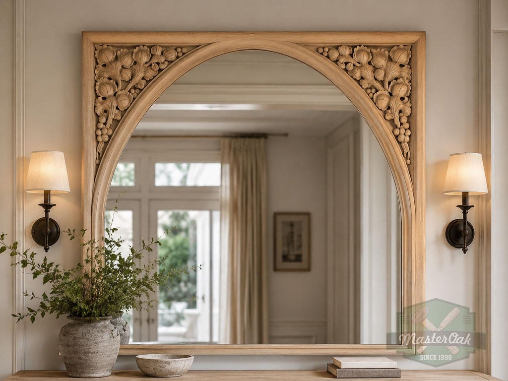 Victorian Gothic Arch Corner Onlays – Carved Wood Mirrored Floral Set of 2pcs