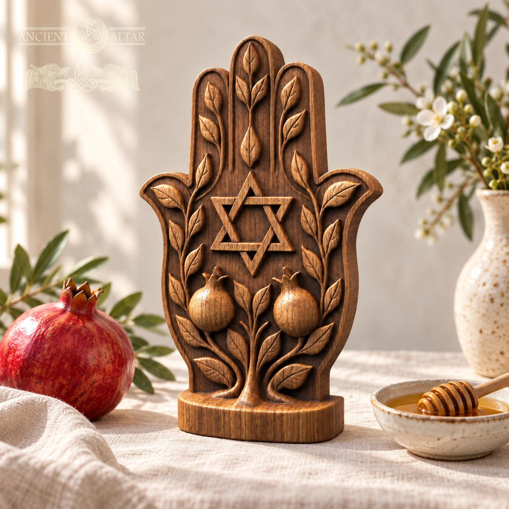 Hamsa Hand with Star of David, Solid Oak Sculpture with Pomegranates, Jewish Home Decor, Judaica Wedding and Housewarming Gift