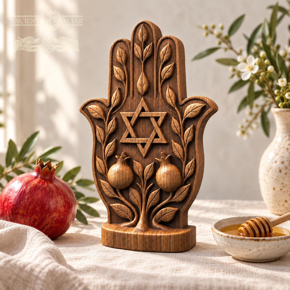 Hamsa Hand with Star of David, Solid Oak Sculpture with Pomegranates, Jewish Home Decor, Judaica Wedding and Housewarming Gift