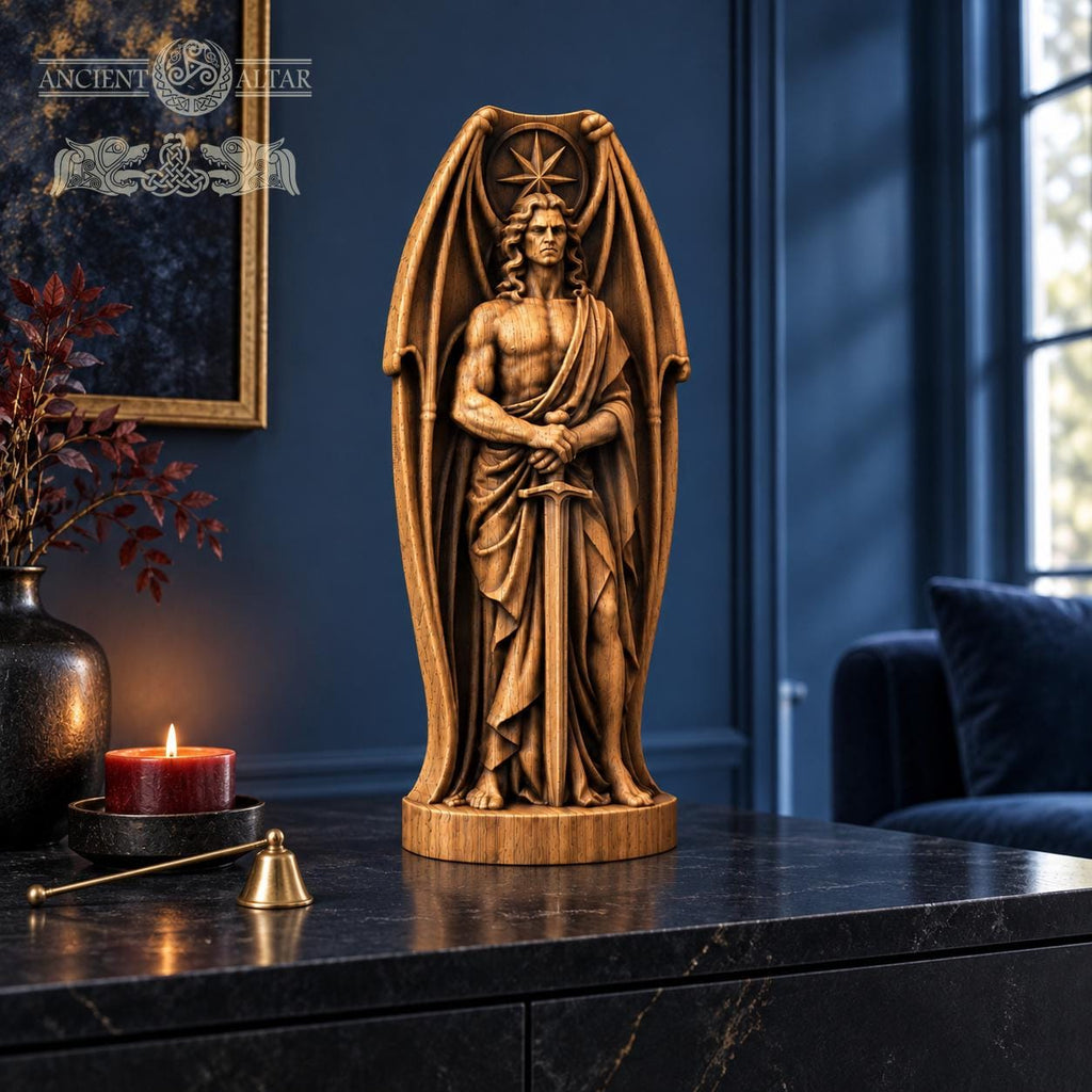 Lucifer Sword Statue with Bat Wings, Solid Oak Fallen Angel, Dark Fantasy Sculpture, Gothic Home Decor, Occult Altar Figurine