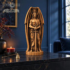 Lucifer Sword Statue with Bat Wings, Solid Oak Fallen Angel, Dark Fantasy Sculpture, Gothic Home Decor, Occult Altar Figurine