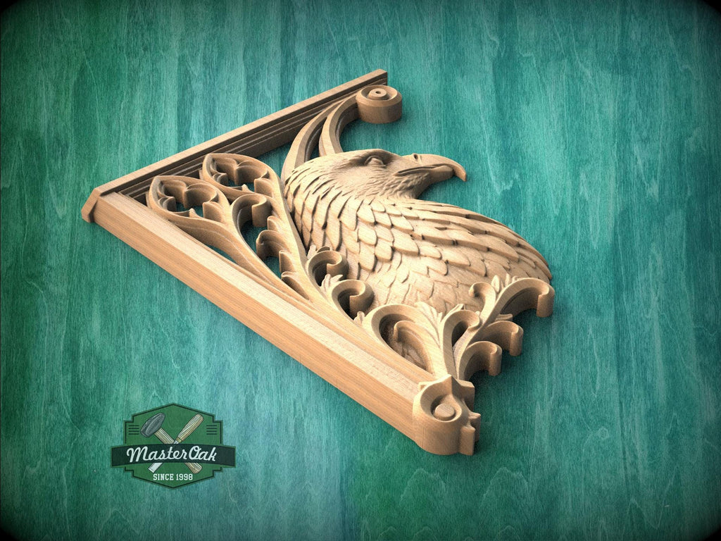 Carved Wood Eagle Corner Onlays, Mirrored Pair with Gothic Scrollwork