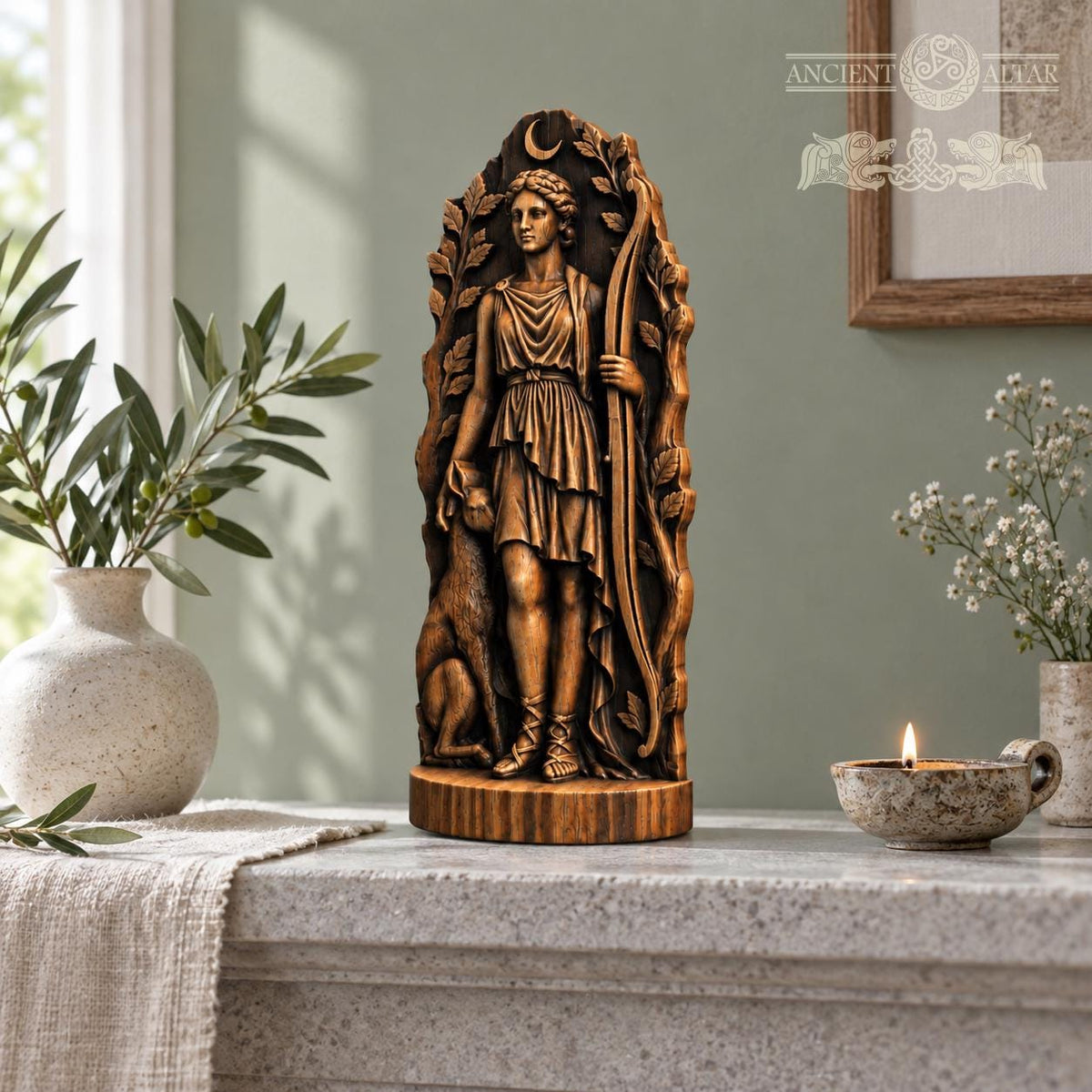 Artemis Huntress Statue with Deer, Wooden Greek Moon Goddess Figurine, Woodland Altar Decor, Archery and Nature Lover Gift