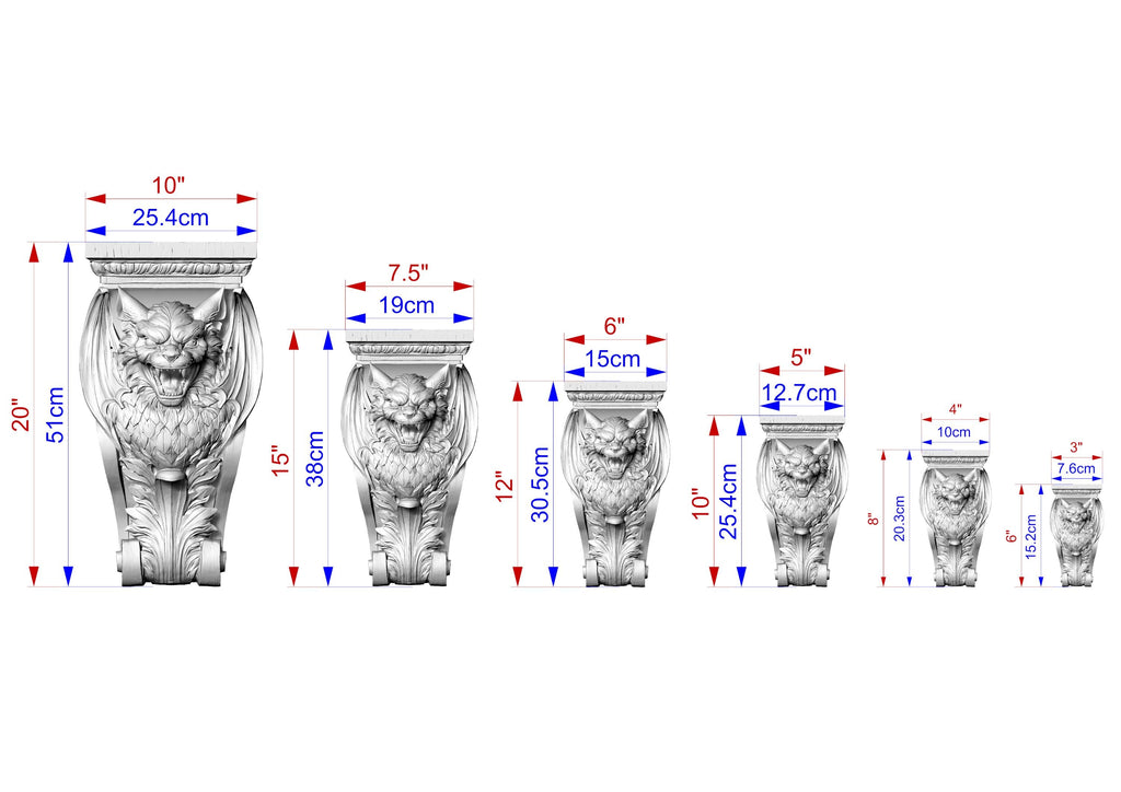 a series of seven stone carvings, each with a unique size and height, ranging from 10" to 20" and from 25" to 35" cm. The carvings are arranged in a row, with the tallest one on the left and the shortest one on the right. The image provides a clear visual representation of the different sizes of the carvings, allowing for easy comparison and understanding of their dimensions.