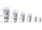a series of seven stone carvings, each with a unique size and height, ranging from 10" to 20" and from 25" to 35" cm. The carvings are arranged in a row, with the tallest one on the left and the shortest one on the right. The image provides a clear visual representation of the different sizes of the carvings, allowing for easy comparison and understanding of their dimensions.