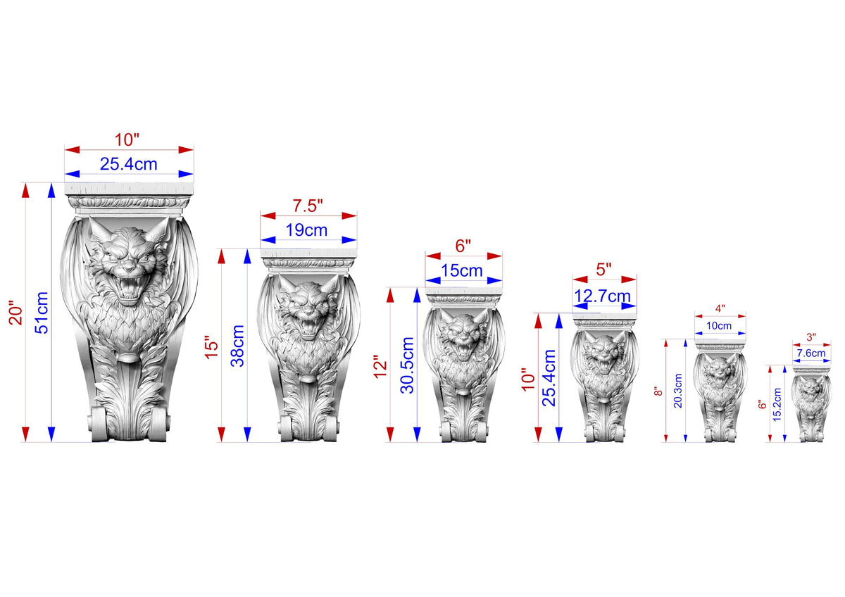 a series of seven stone carvings, each with a unique size and height, ranging from 10" to 20" and from 25" to 35" cm. The carvings are arranged in a row, with the tallest one on the left and the shortest one on the right. The image provides a clear visual representation of the different sizes of the carvings, allowing for easy comparison and understanding of their dimensions.