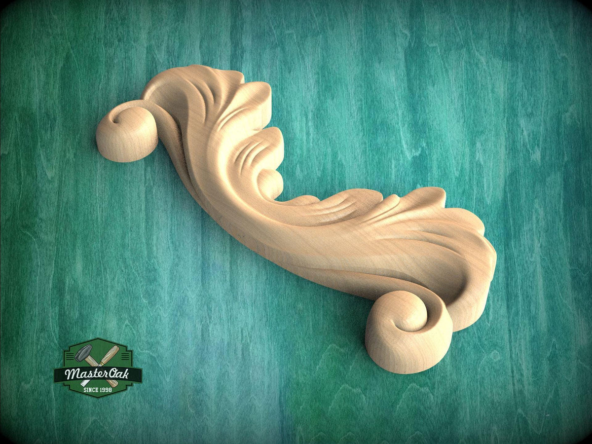 A wooden carving of a scroll-like design is displayed against a green background.