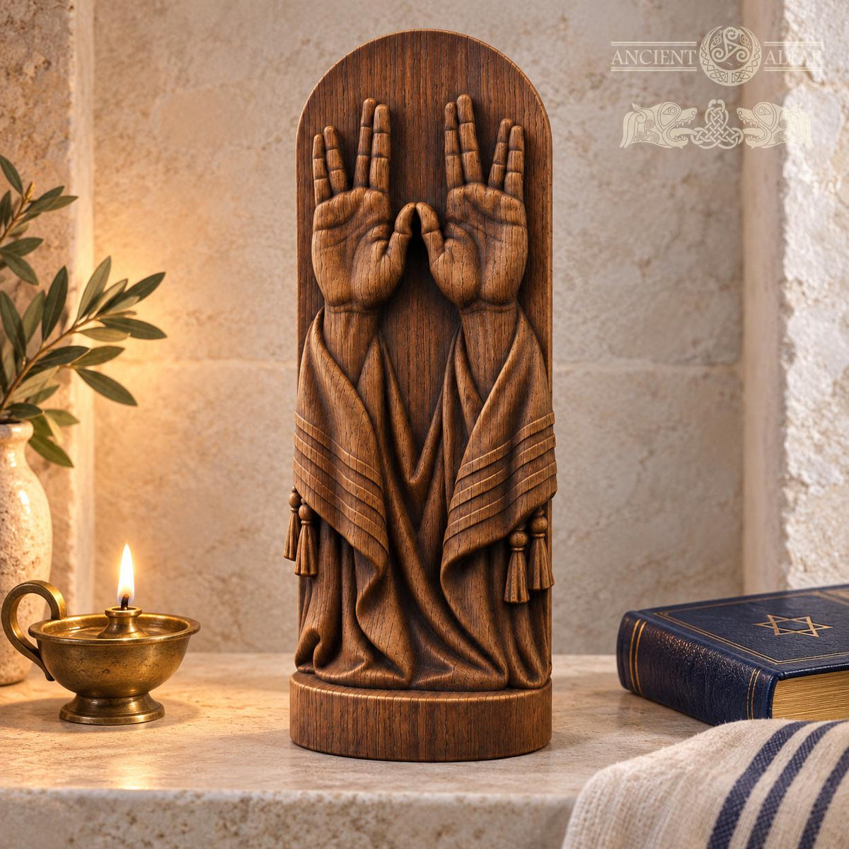Priestly Blessing Hands Oak Sculpture, Birkat Kohanim Wooden Relief with Tallit, Judaica Home Decor, Jewish Wedding Gift