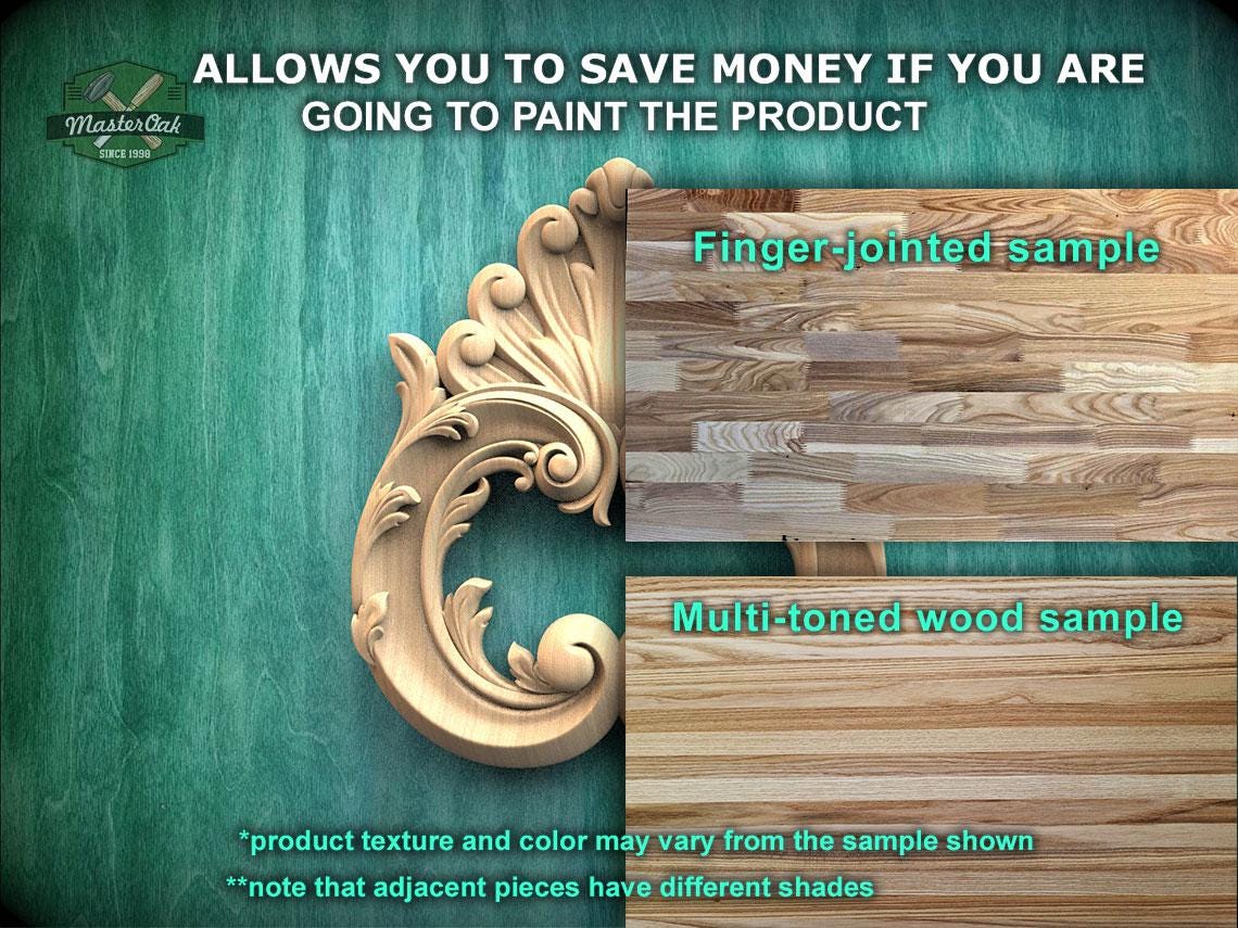The image is a promotional advertisement for Master Oak Paint, showcasing a variety of wood samples. It features a wooden carving and a multi-toned wood sample, highlighting the different textures and colors of the wood. The text on the image encourages viewers to save money by painting the product, and it provides a finger-jointed sample and a multi-toned wood sample to demonstrate the product's versatility.
