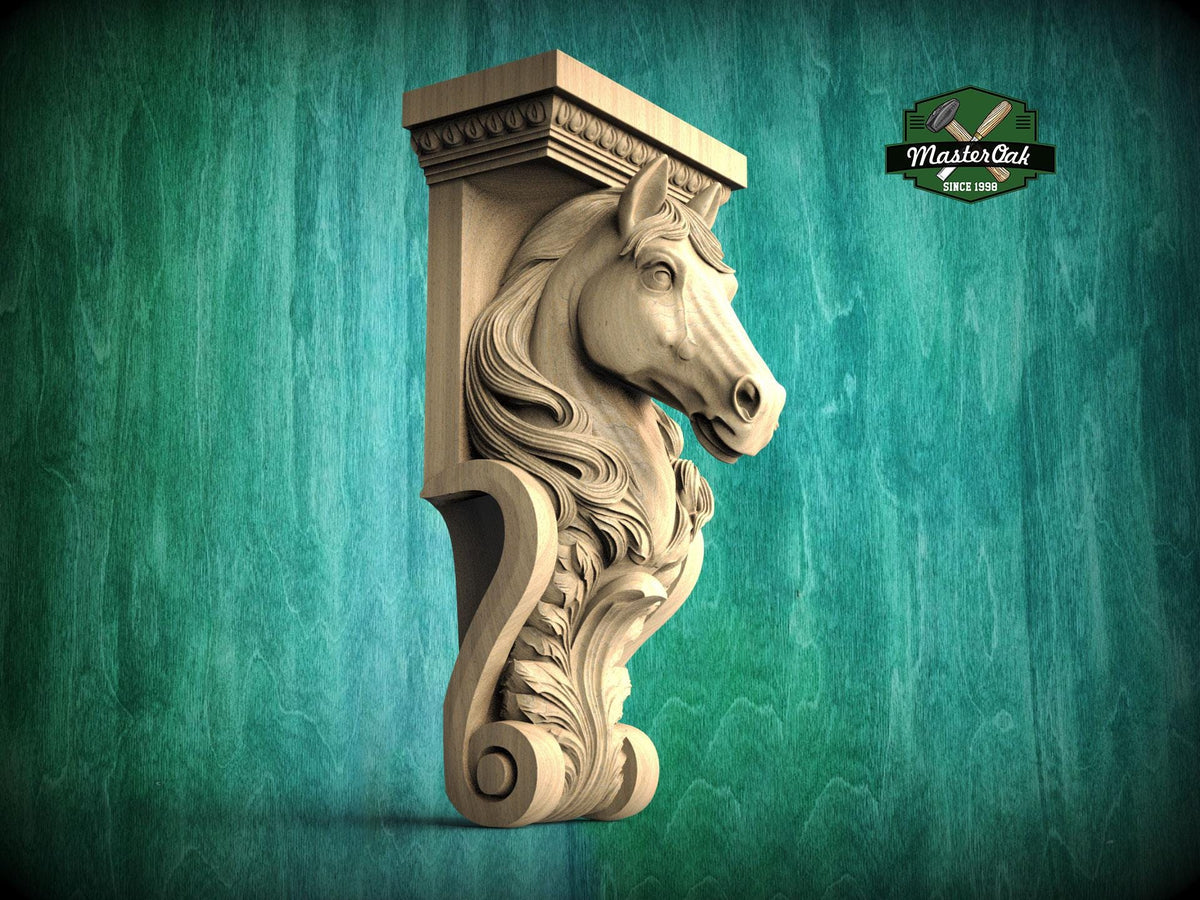 A carved wooden horse head with flowing mane and tail, set against a green background with a logo for MasterCad.