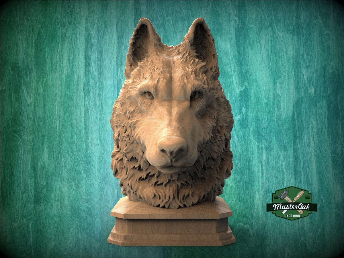 Carved Wolf Head Sculpture - Wooden Newel Post Finial, Nordic Style Animal Art Topper