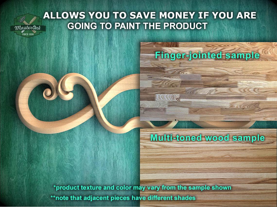 The image is a promotional advertisement for Master Oak, a company that sells wood products. It features a close-up of a wooden sample, with a green background and text that provides information about the product.