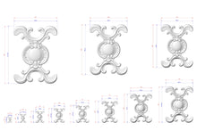 Load image into Gallery viewer, a collection of ornate, decorative designs in a 3D style, with measurements provided. The designs are in various sizes and orientations, showcasing the intricate details and craftsmanship.
