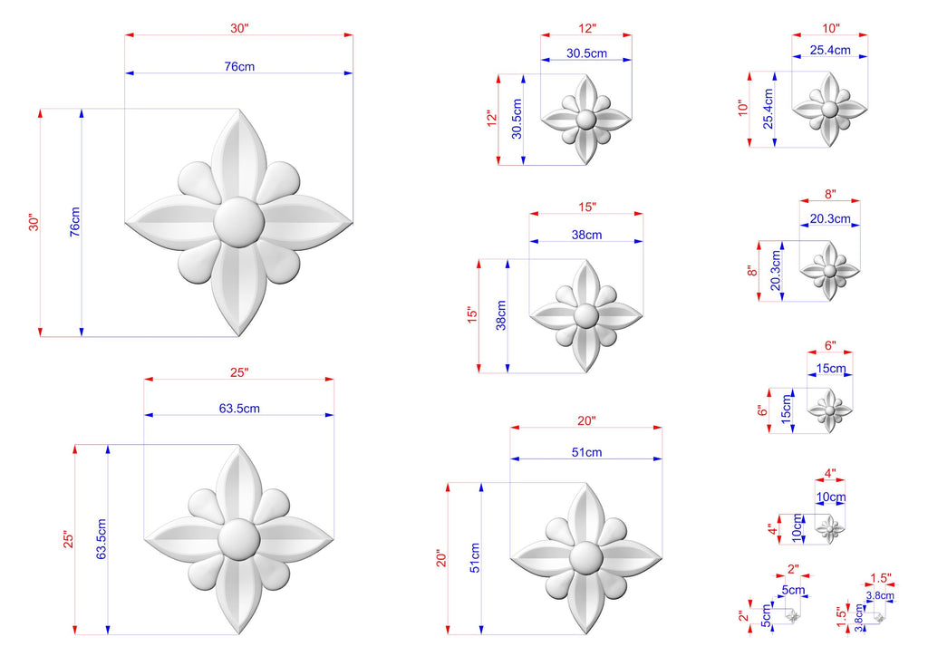 various sizes of white flower-like designs, each with its own set of dimensions and measurements. The images are arranged in a grid format, with each design being a separate square or rectangle. The dimensions are provided in centimeters, and the images are labeled with their respective sizes.