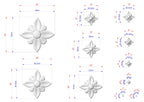 various sizes of white flower-like designs, each with its own set of dimensions and measurements. The images are arranged in a grid format, with each design being a separate square or rectangle. The dimensions are provided in centimeters, and the images are labeled with their respective sizes.