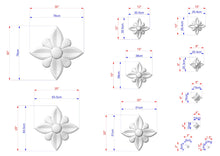 Load image into Gallery viewer, various sizes of white flower-like designs, each with its own set of dimensions and measurements. The images are arranged in a grid format, with each design being a separate square or rectangle. The dimensions are provided in centimeters, and the images are labeled with their respective sizes.
