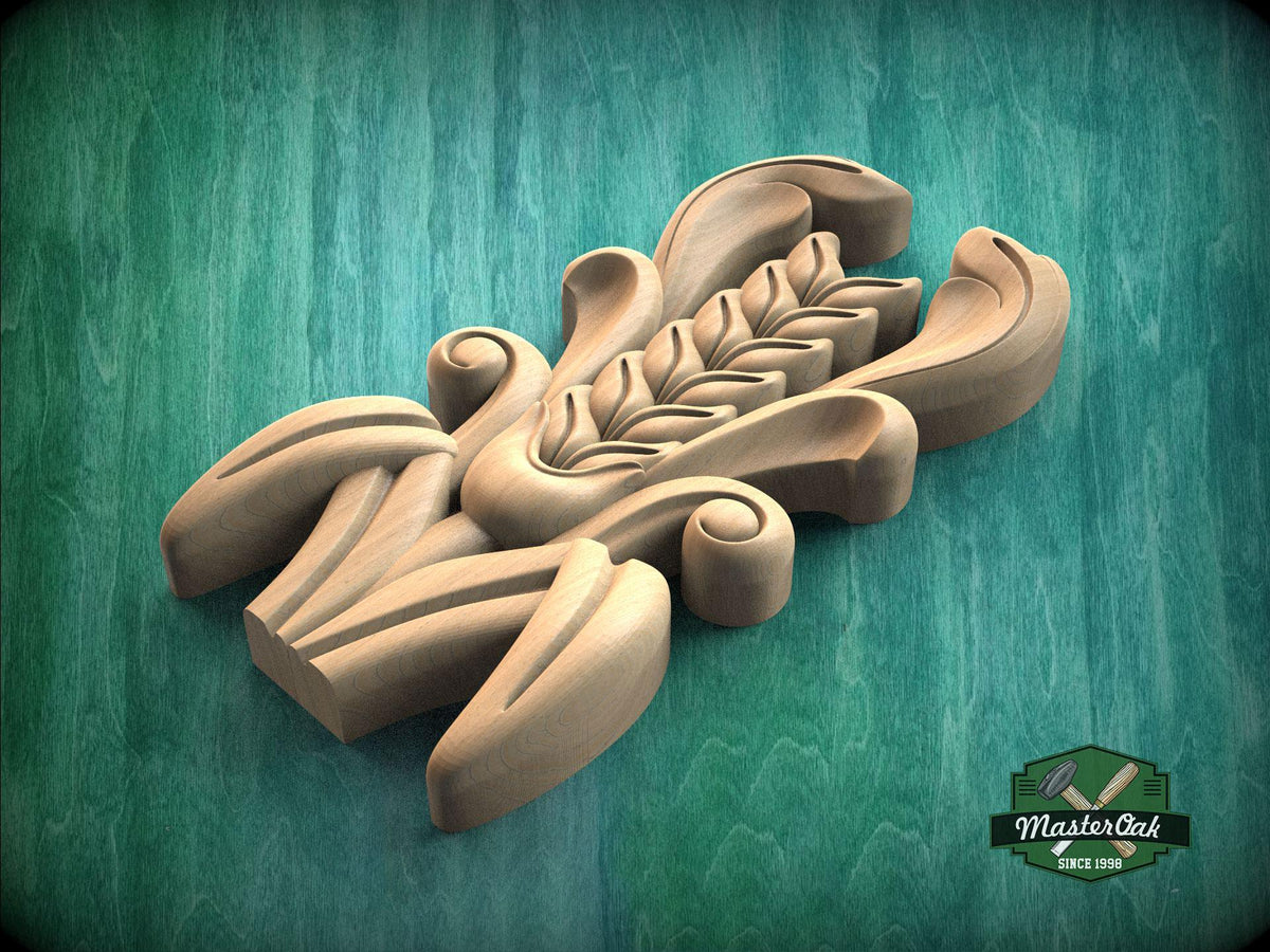 A wooden carving with intricate, organic shapes and patterns is displayed against a green background.