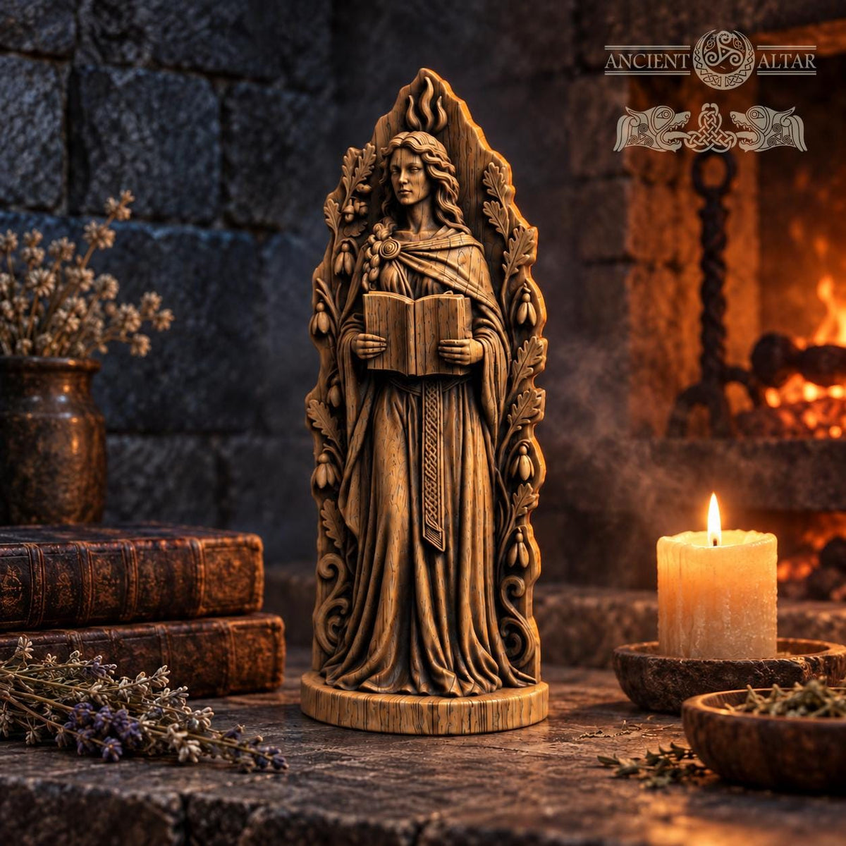 Brigid Goddess Statue with Book and Sacred Flame, Wooden Celtic Deity Figurine, Imbolc Altar Decor, Irish Pagan Gift