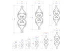 a series of ornate, decorative designs or patterns, each accompanied by a set of measurements in millimeters. The designs are arranged in a grid format, with each row representing a different design and each column representing a different measurement unit. The image does not contain any text or additional elements that would require a more detailed description.