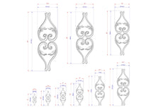 Load image into Gallery viewer, a series of ornate, decorative designs or patterns, each accompanied by a set of measurements in millimeters. The designs are arranged in a grid format, with each row representing a different design and each column representing a different measurement unit. The image does not contain any text or additional elements that would require a more detailed description.
