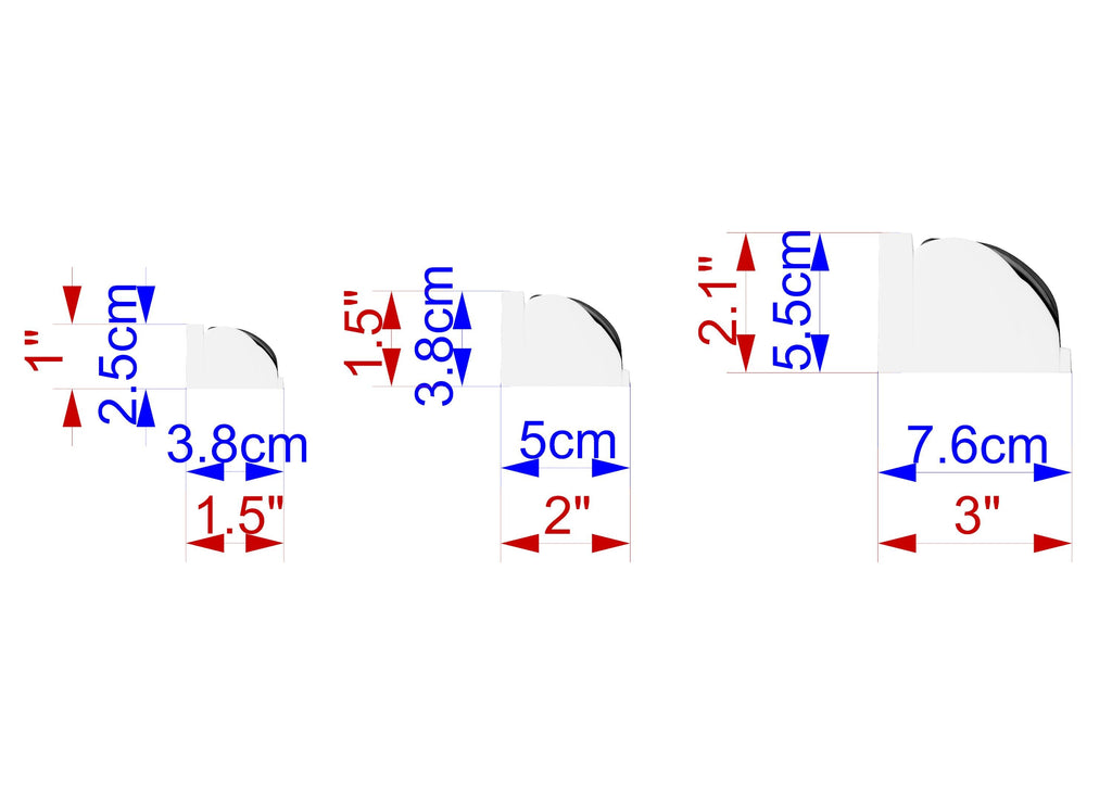 three different images, each with a unique size indicated by the corresponding blue and red measurements. The first image is 2.5 cm in size, the second is 3.8 cm, and the third is 7.6 cm.
