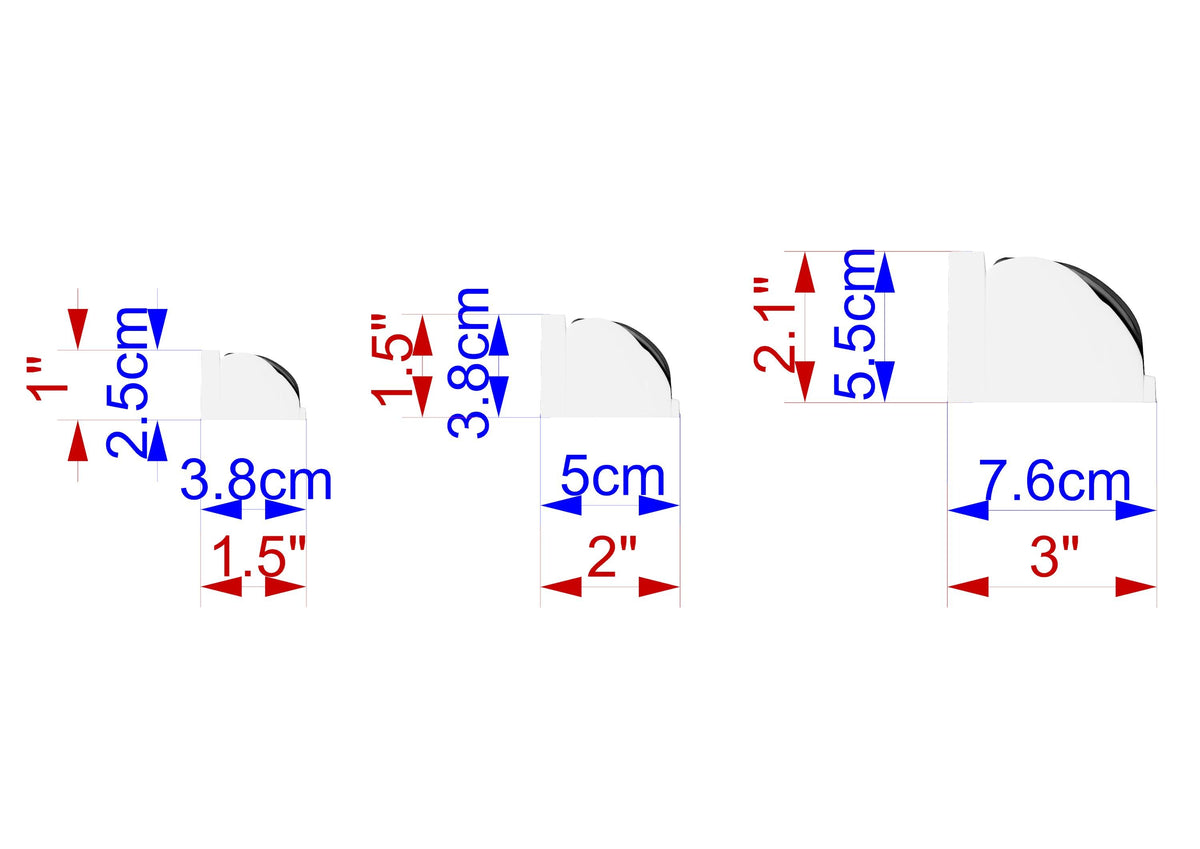 three different images, each with a unique size indicated by the corresponding blue and red measurements. The first image is 2.5 cm in size, the second is 3.8 cm, and the third is 7.6 cm.