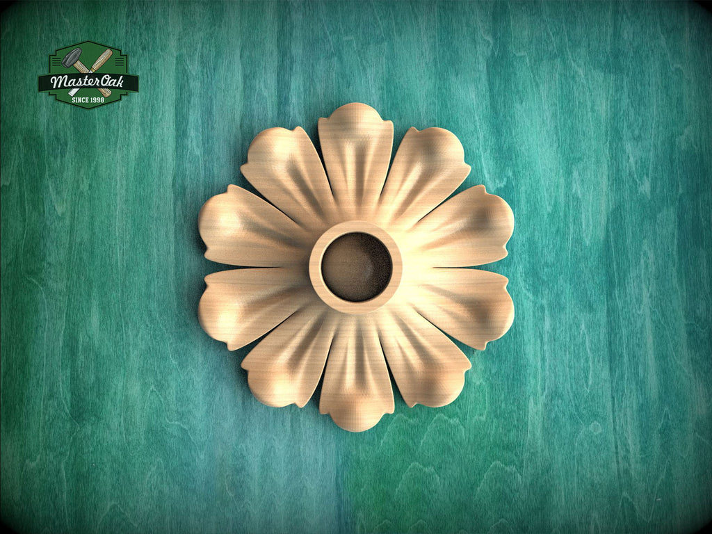 A wooden flower-shaped object is displayed against a green background.