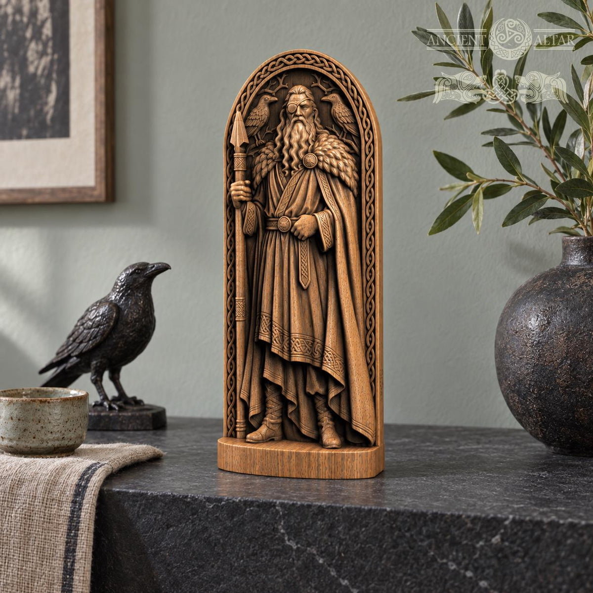 Odin Statue with Huginn and Muninn, Wooden Norse God Figurine, Viking Pagan Altar Decor, Gungnir Spear Sculpture, Nordic Gift