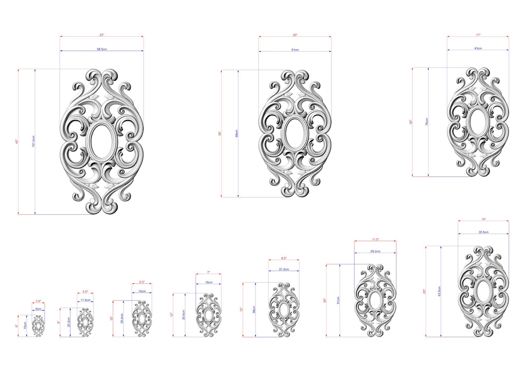 a collection of ornate, decorative designs with intricate patterns and measurements. The designs are presented in various sizes, ranging from small to large, and are accompanied by corresponding dimensions. The image does not contain any text, and the focus is on the visual elements of the designs and their relative sizes.