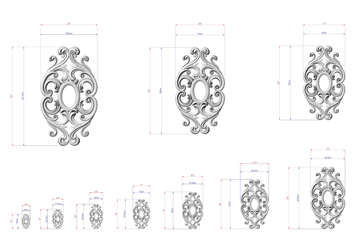 a collection of ornate, decorative designs with intricate patterns and measurements. The designs are presented in various sizes, ranging from small to large, and are accompanied by corresponding dimensions. The image does not contain any text, and the focus is on the visual elements of the designs and their relative sizes.