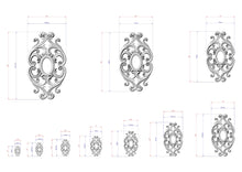 Load image into Gallery viewer, a collection of ornate, decorative designs with intricate patterns and measurements. The designs are presented in various sizes, ranging from small to large, and are accompanied by corresponding dimensions. The image does not contain any text, and the focus is on the visual elements of the designs and their relative sizes.
