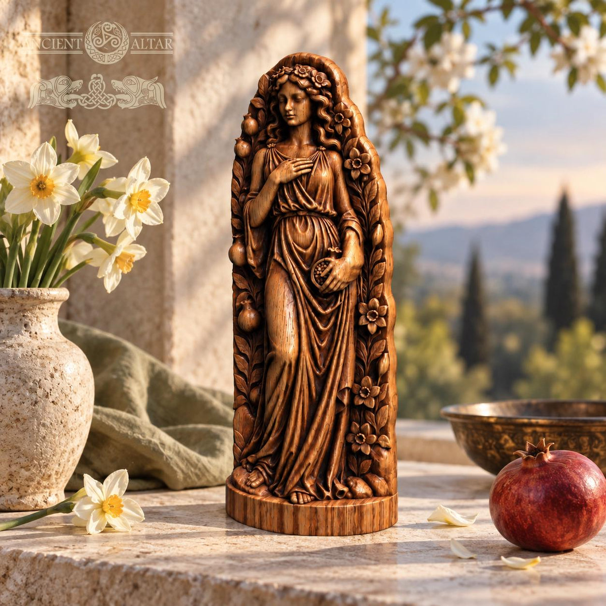 Persephone Goddess Statue, Wooden Queen of the Underworld Figurine, Pomegranate Altar Decor, Greek Mythology Gift