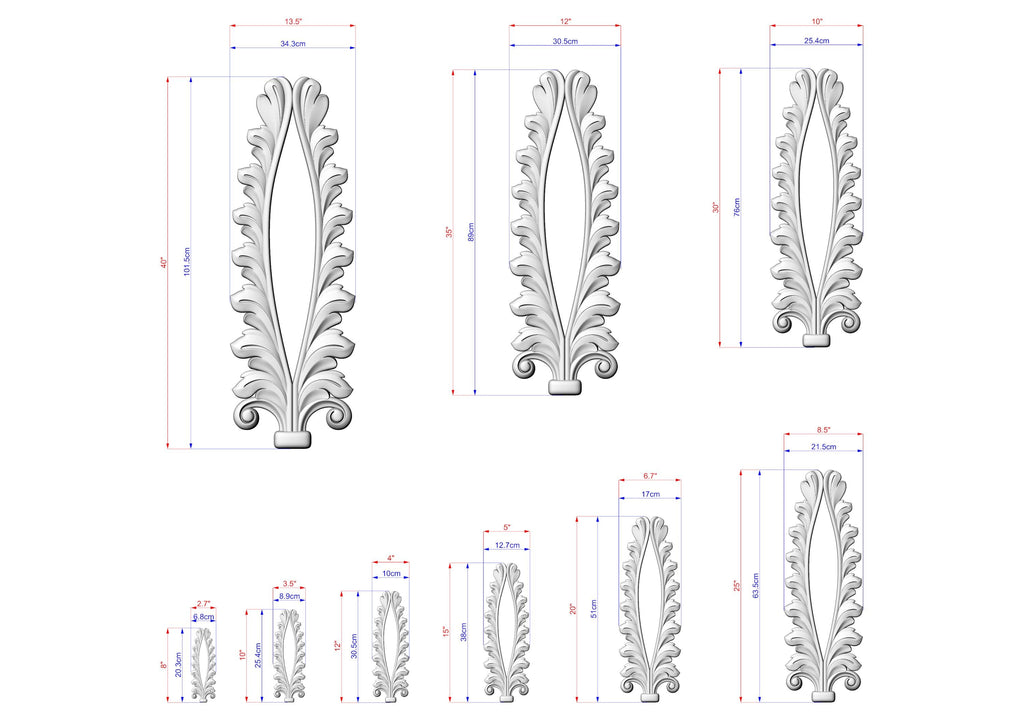several white decorative elements, likely in the form of a plant or tree, with measurements and scale details provided.
