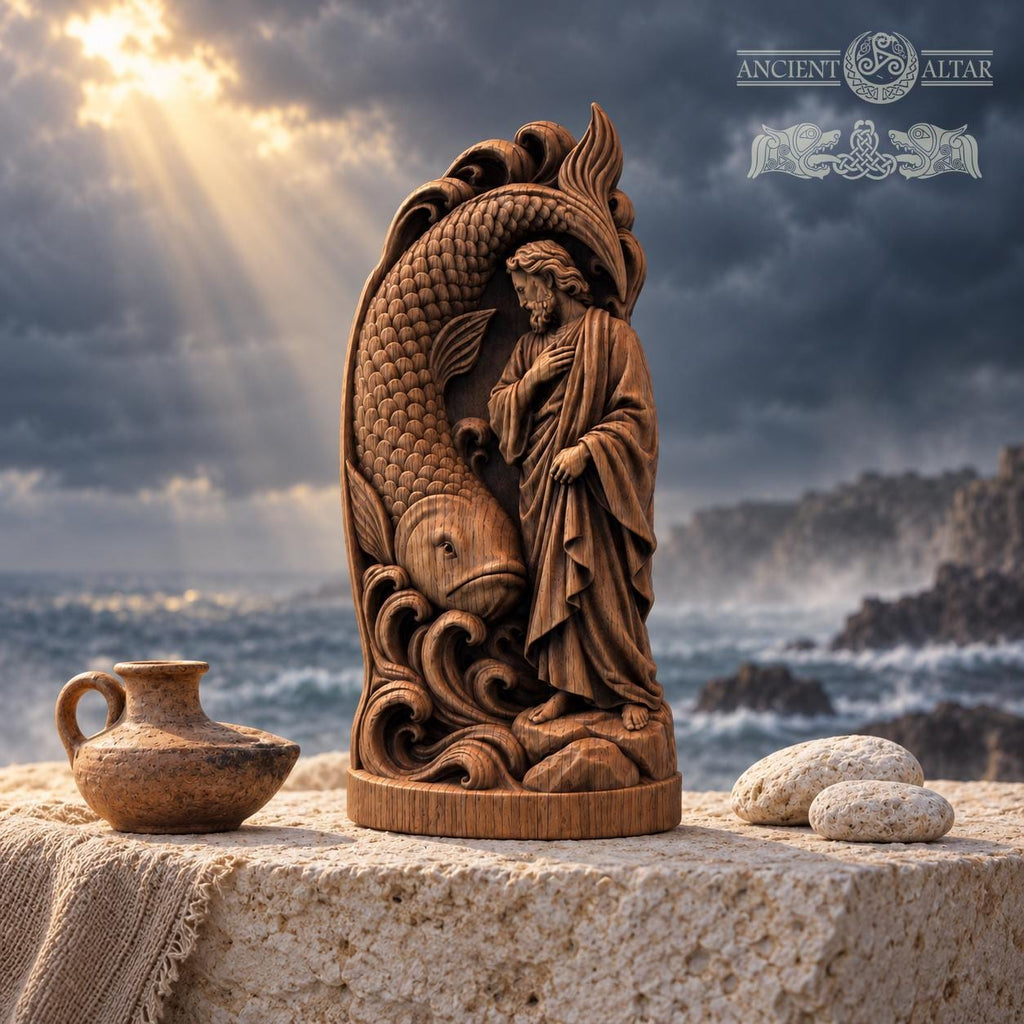 Jonah and the Great Fish Sculpture, Solid Oak Biblical Relief with Ocean Waves, Judaica Home Decor, Religious Gift