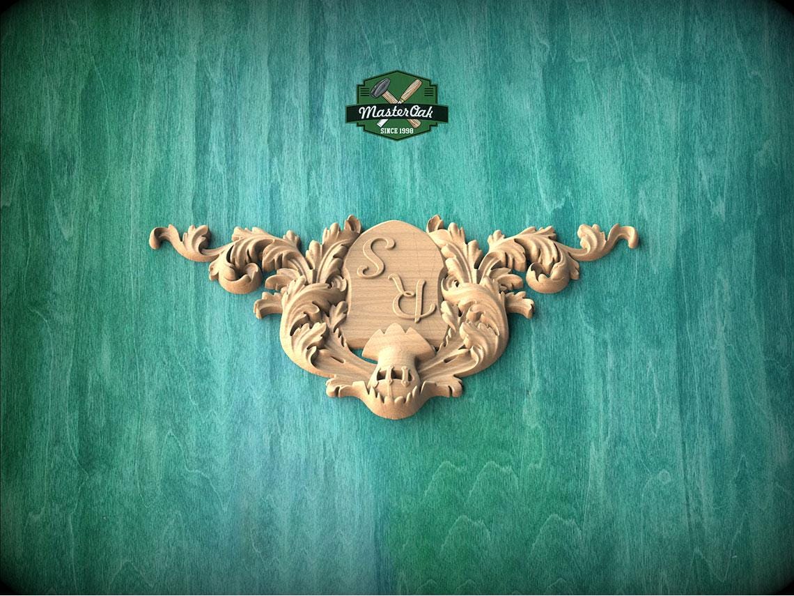 Personalized Regal Acanthus Leaf Wood Onlay, Heraldic Shield for Stately Decor, 1 pc, Unpainted, decorative wood trim