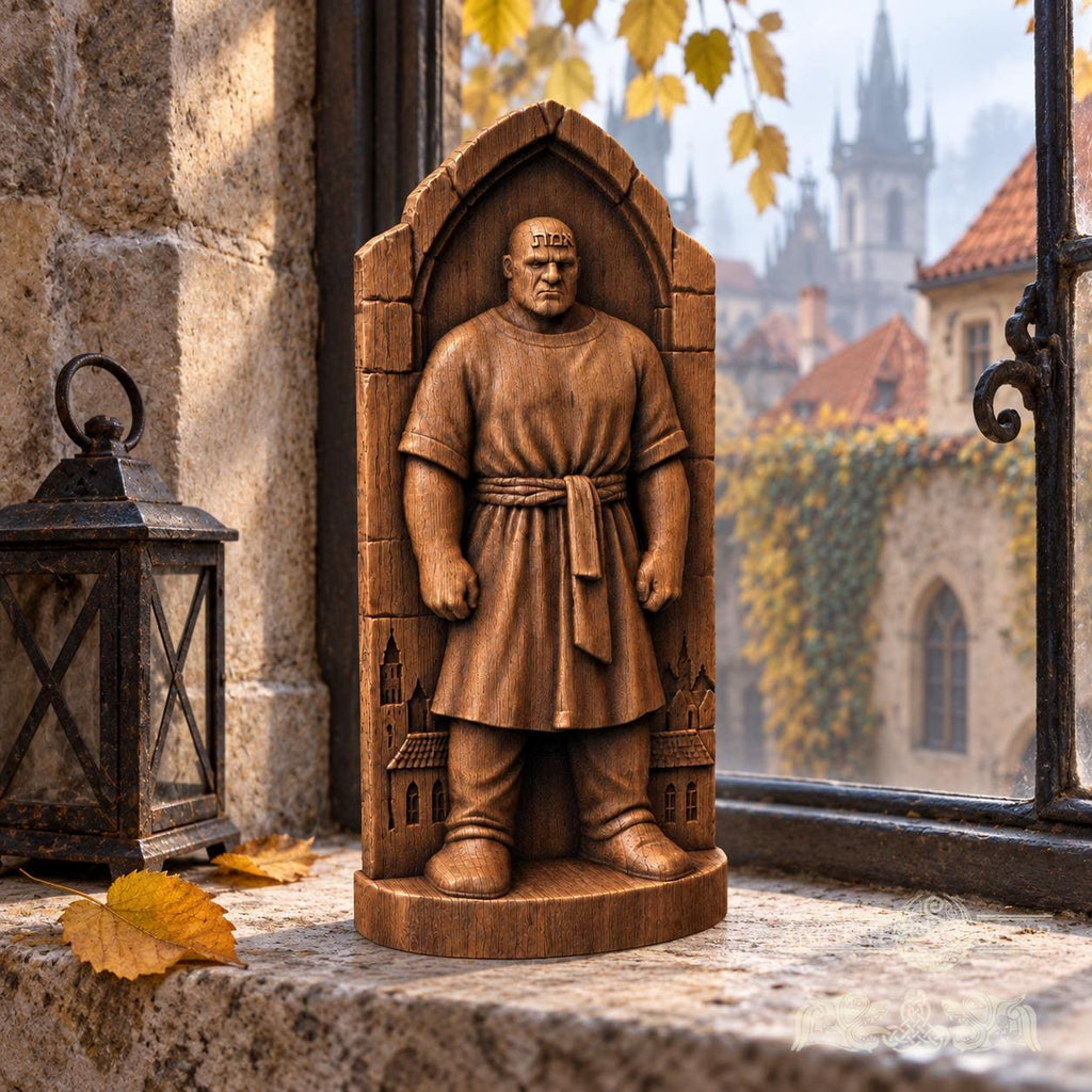 Golem of Prague Statue, Solid Oak Jewish Folklore Sculpture, Gothic Arch and Old Town Details, Judaica Decor, Fantasy Collector Gift