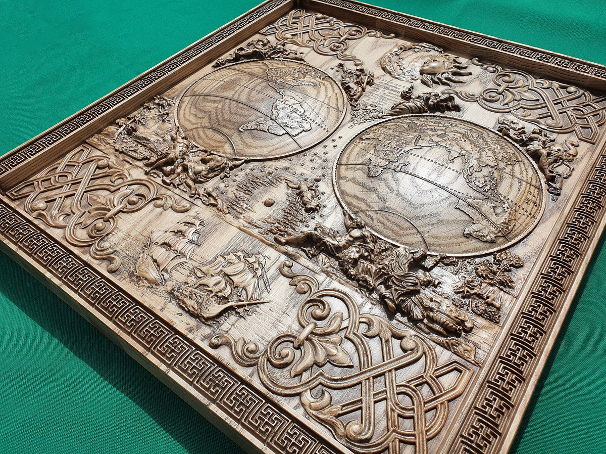 Antique map of the world made of wood, wood map wall art, carved map of wood, wall decor carving  - 19.7x18" / 50x46cm