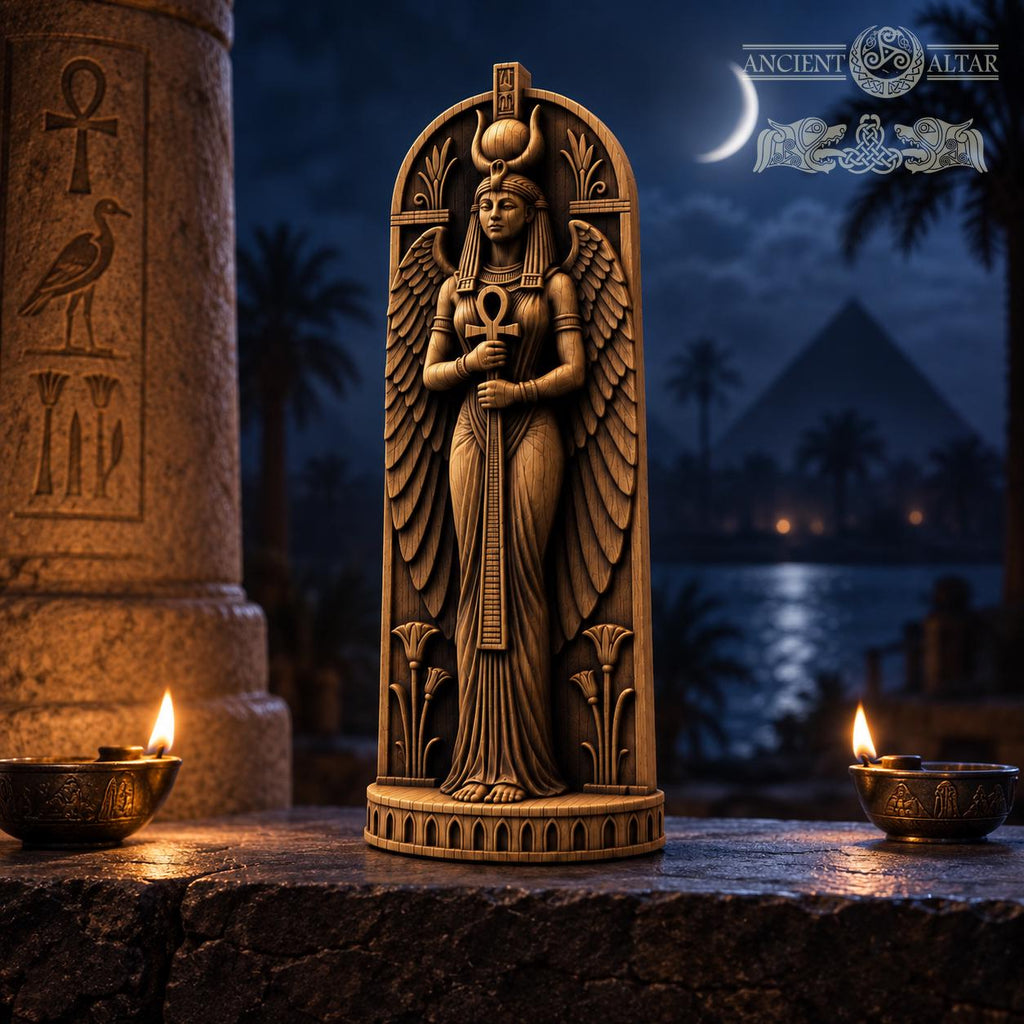 Isis Statue with Ankh, Winged Egyptian Goddess in Oak Wood, Pagan Altar Sculpture, Ancient Egypt Decor, Mythology Gift