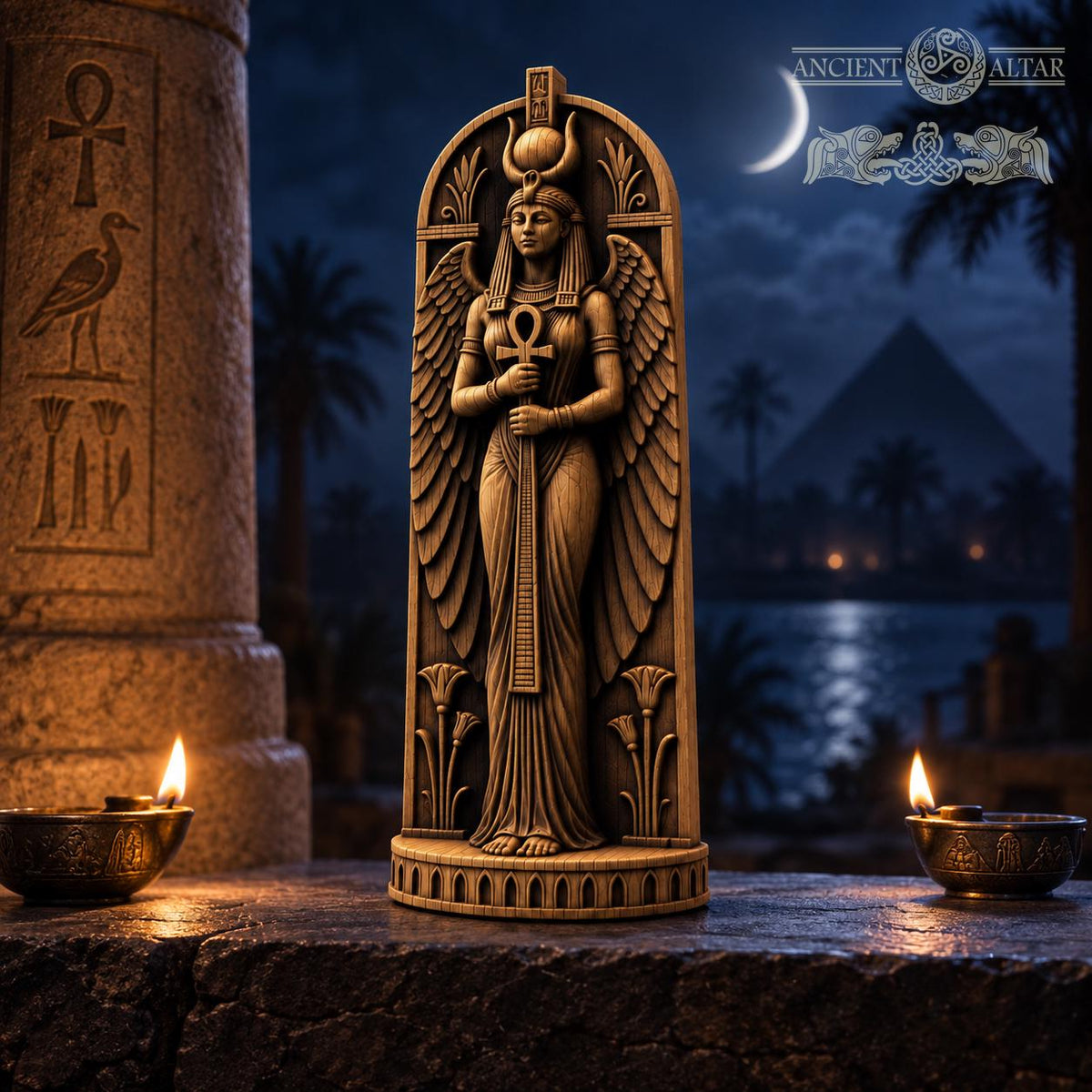 Isis Statue with Ankh, Winged Egyptian Goddess in Oak Wood, Pagan Altar Sculpture, Ancient Egypt Decor, Mythology Gift