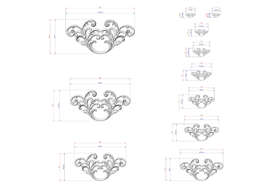 a series of ornate, decorative designs with intricate scrollwork and floral patterns. The designs are presented in various sizes, ranging from small to large, and are accompanied by detailed measurements in millimeters. The image is a collage of multiple images, and the descriptions provided should not be used to describe each individual image, but rather to provide a general understanding of the overall theme and style of the designs.