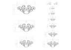 a series of ornate, decorative designs with intricate scrollwork and floral patterns. The designs are presented in various sizes, ranging from small to large, and are accompanied by detailed measurements in millimeters. The image is a collage of multiple images, and the descriptions provided should not be used to describe each individual image, but rather to provide a general understanding of the overall theme and style of the designs.