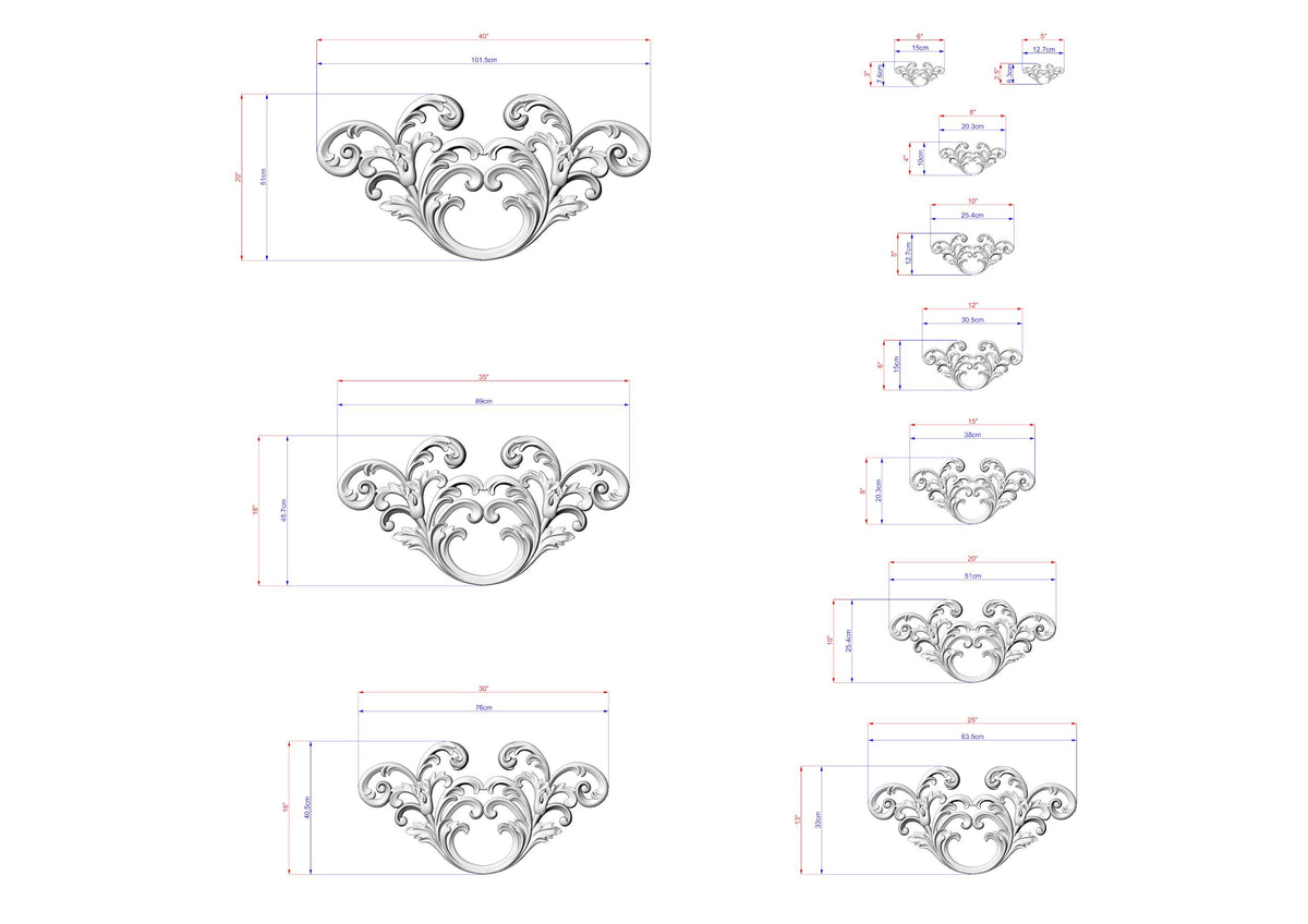 a series of ornate, decorative designs with intricate scrollwork and floral patterns. The designs are presented in various sizes, ranging from small to large, and are accompanied by detailed measurements in millimeters. The image is a collage of multiple images, and the descriptions provided should not be used to describe each individual image, but rather to provide a general understanding of the overall theme and style of the designs.