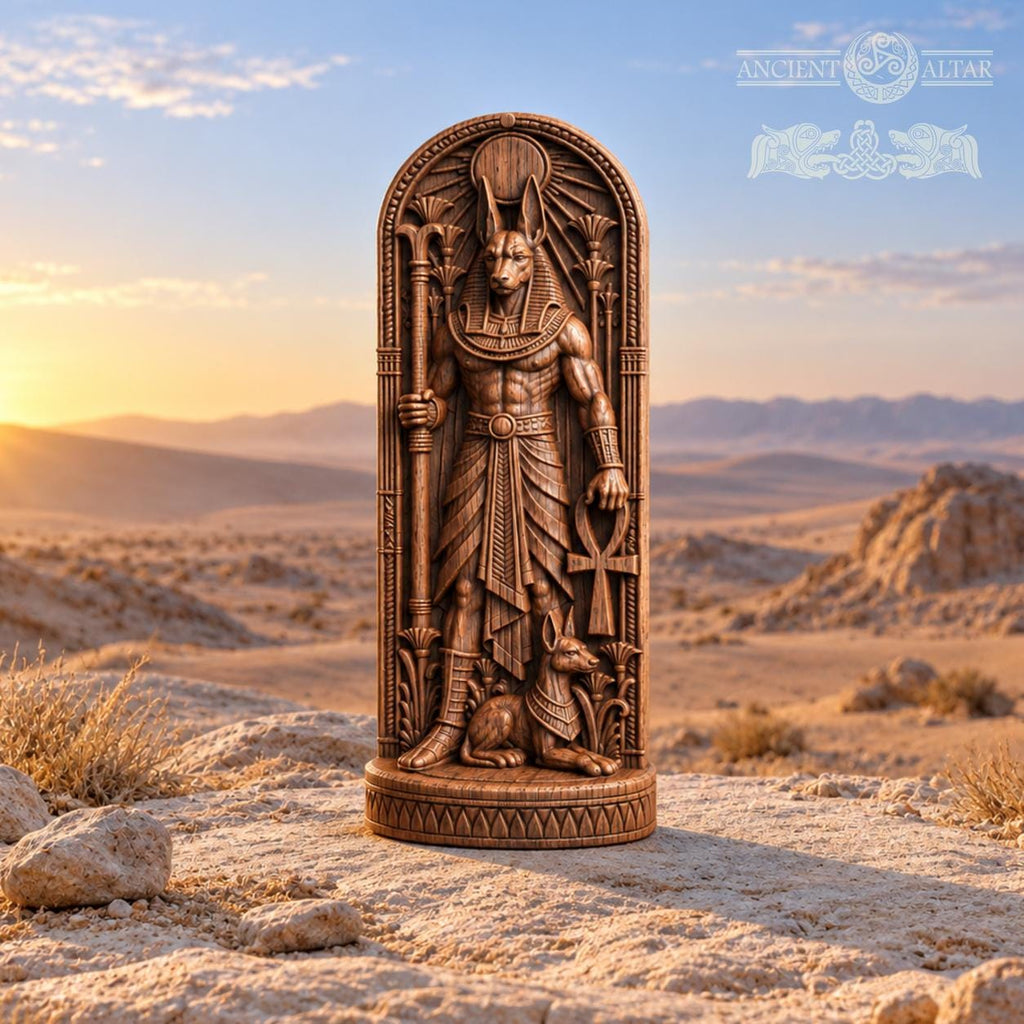 Anubis Temple Shrine Statue – Egyptian Jackal God with Ankh, Carved Wooden Altar Decor, Ancient Egypt Gift