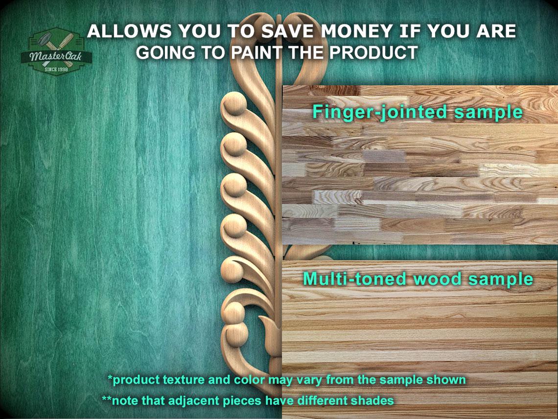 The image is a promotional advertisement for Master Oak Paint, featuring a close-up of a wooden sample with a decorative element. The text on the image provides information about the paint product, including the ability to save money by painting the product, a finger-joined sample, and a multi-toned wood sample. The text also mentions that the product texture and color may vary from the sample shown and that adjacent pieces have different shades.