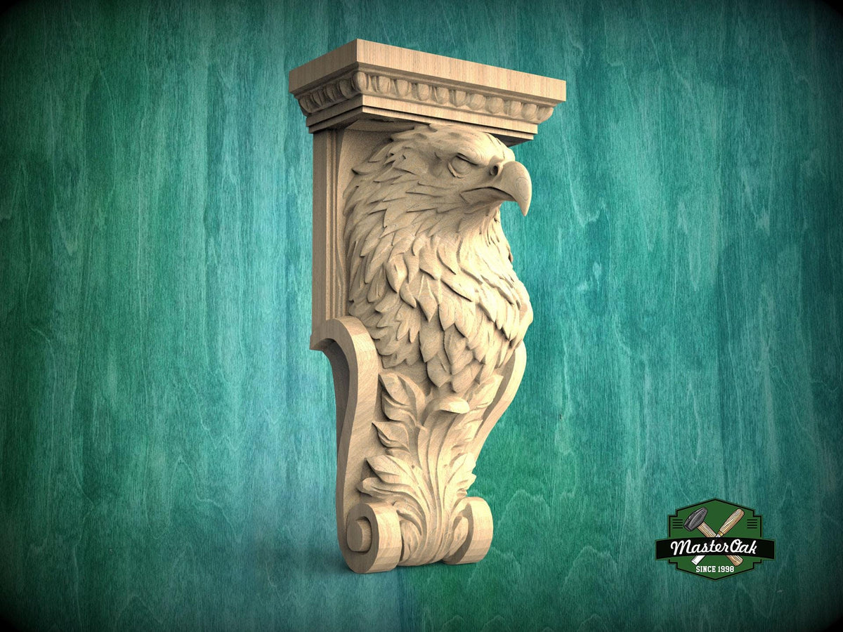 A carved wooden eagle head mounted on a wall, with a decorative scroll design below it.