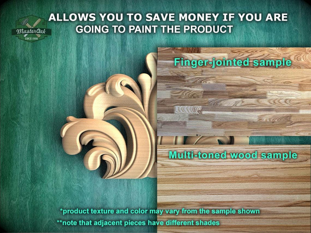 The image is a promotional advertisement for Master Oak, a company that sells wood products. It features a close-up of a wooden sample, including a finger-jointed sample and a multi-toned wood sample. The text on the image encourages viewers to save money by painting the product, highlighting the different textures and colors available. The image also mentions that the product texture and color may vary from the sample shown, and that adjacent pieces have different shades.