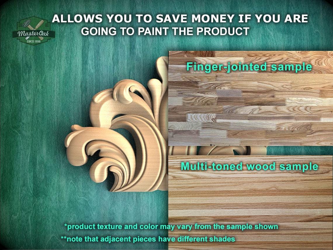 The image is a promotional advertisement for Master Oak, a company that sells wood products. It features a close-up of a wooden sample, including a finger-jointed sample and a multi-toned wood sample. The text on the image encourages viewers to save money by painting the product, highlighting the different textures and colors available. The image also mentions that the product texture and color may vary from the sample shown, and that adjacent pieces have different shades.