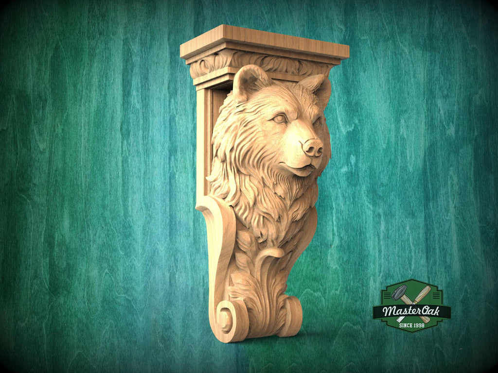 A carved wooden bear head is displayed against a green background, with a carved scroll design on the side.